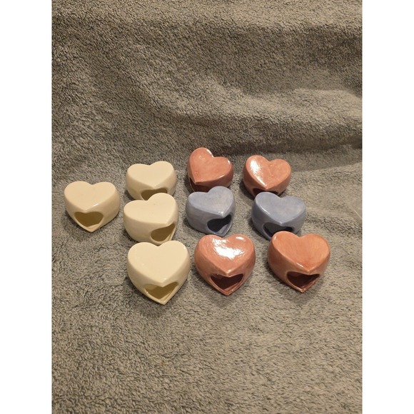 Other - Set Of 12 Heart Shaped Ceramic Napkin Rings Pink Blue And White